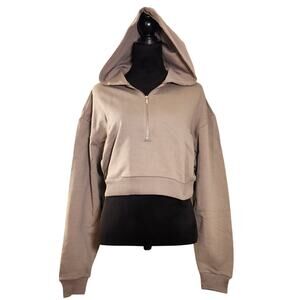 WEWOREWHAT Half Zip Cropped Fleece Hoodie in Stone, Size Large
